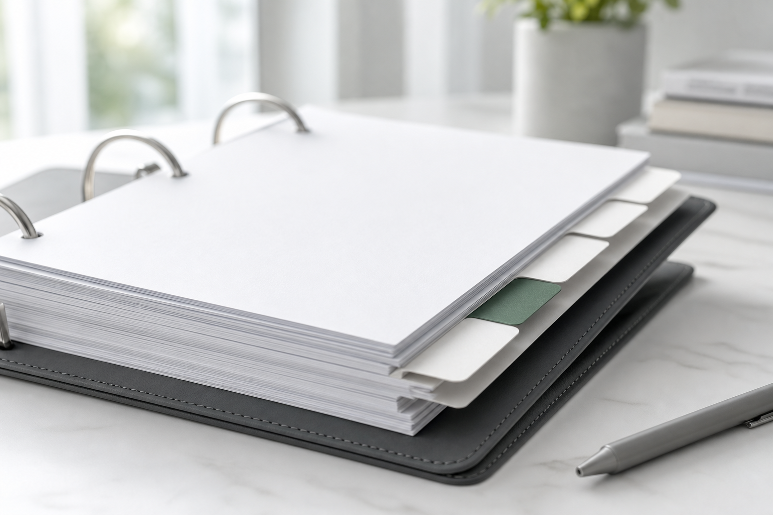 Organized safety policy binder on a desk