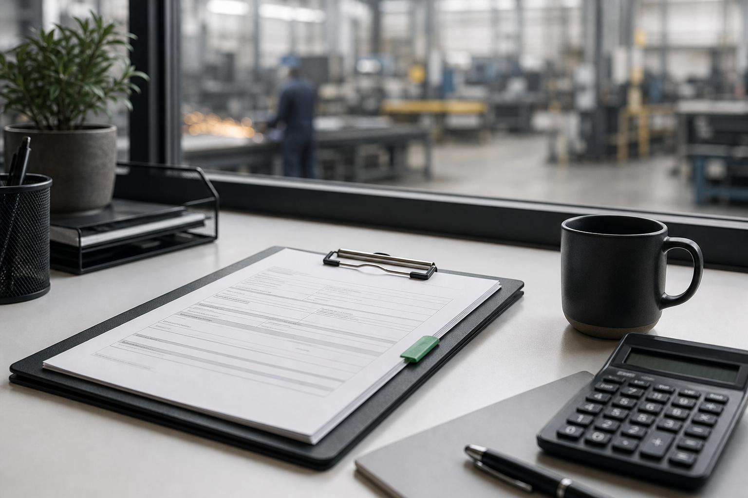 Purchase request paperwork at an industrial desk